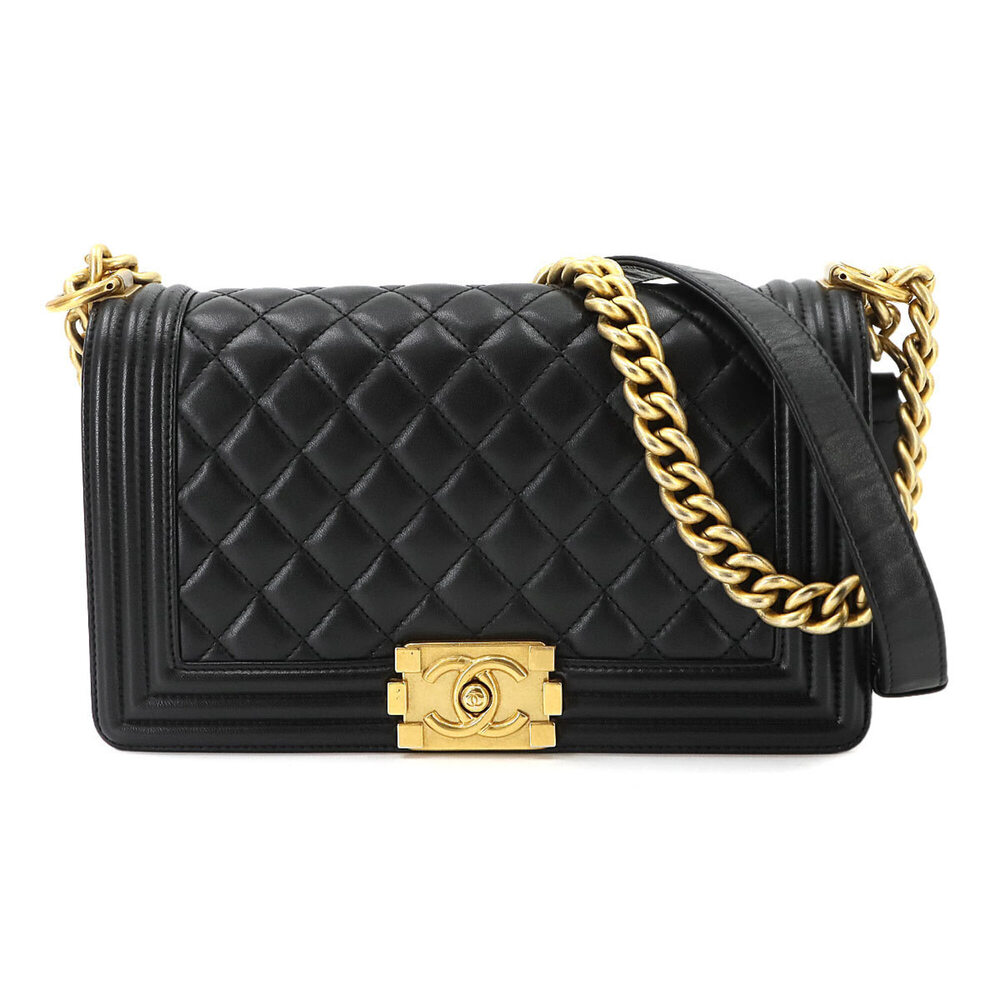 Chanel Boy Chain Shoulder Handbag, Lambskin, Black, A67086, Gold Hardware, BO...